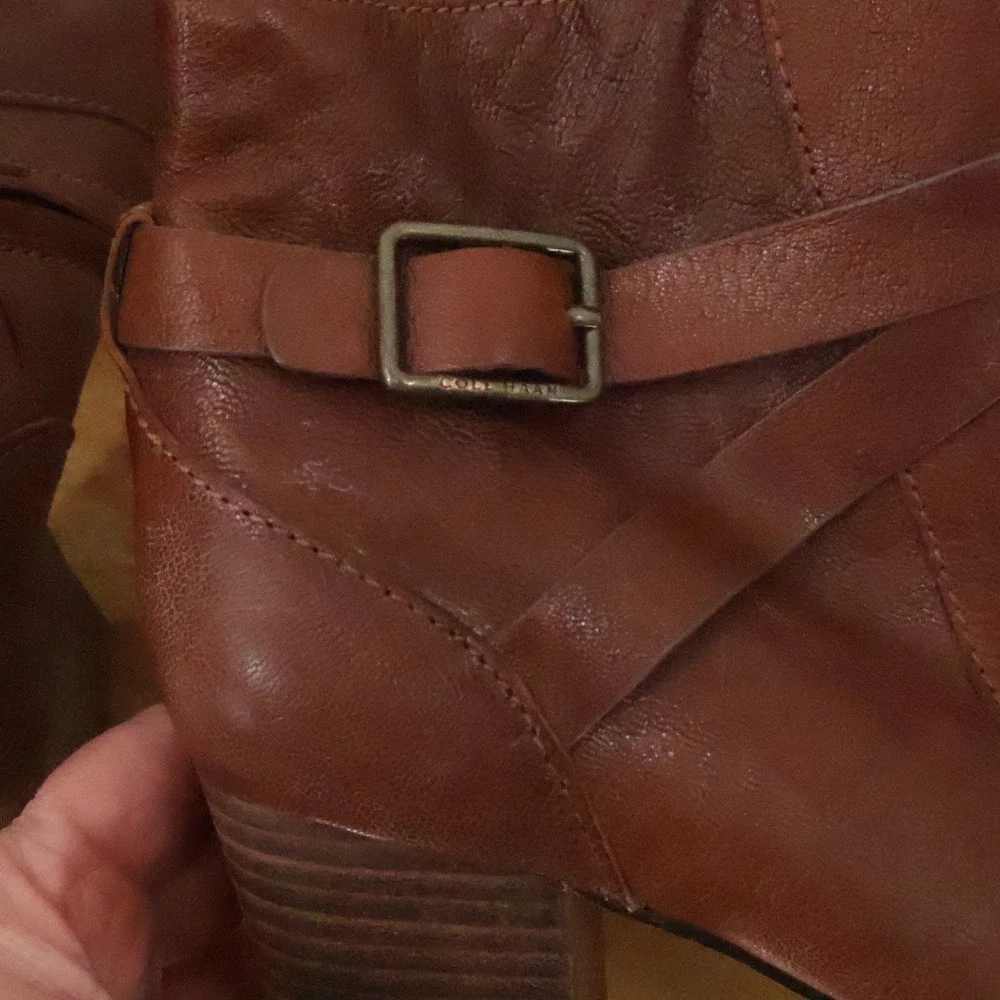 Cole Haan Leather Ankle Booties Womens Size 9.5B Brown Block Heel Buckle Strap